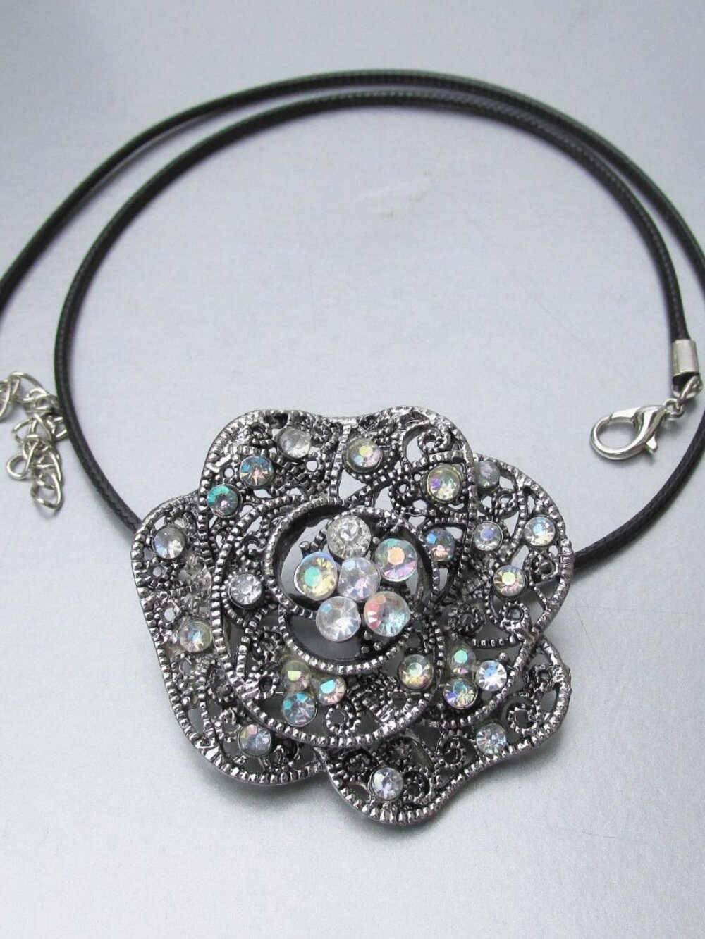 Vintage Aurora Borealis Rhinestone FLOWER Brooch & Black Cord Pendant Necklace